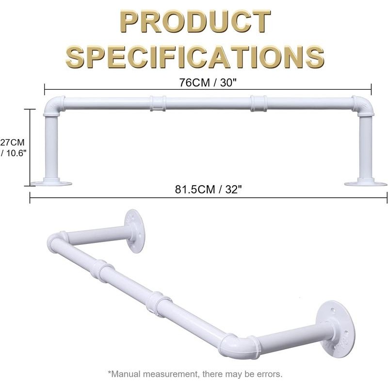 30inch Wall/Ceiling Mounted Detachable White Iron Clothes Bar Heavy Duty