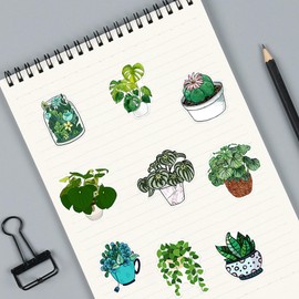 Gxizlba 50 Pcs Green Plants Stickers Potted Plant Floral Sticker for Laptops Water Bottles Flower Pots Vases Decorative Phone Book Guitar Vinyl Decals for Kids Teens Adults