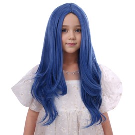 DUDUWIG Kids Dark Blue Wig Girls Long Blue Middle Part Wig Child Dark Blue Wavy Curly Wig Heat Resistant Synthetic Wig with Wig Cap