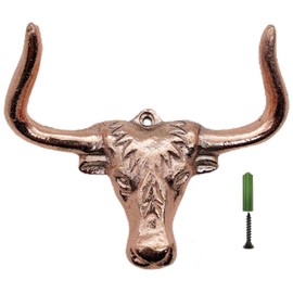 5MOONSUN5 Longhorn Steer Head Wall Mounted Cabinet Hardware, Rustic Decor, Western Decor, Longhorn Cow Head Wall Hook, Heavy Duty Brass Wall Hook for Coat, Key Bag Towel Copper Finish.