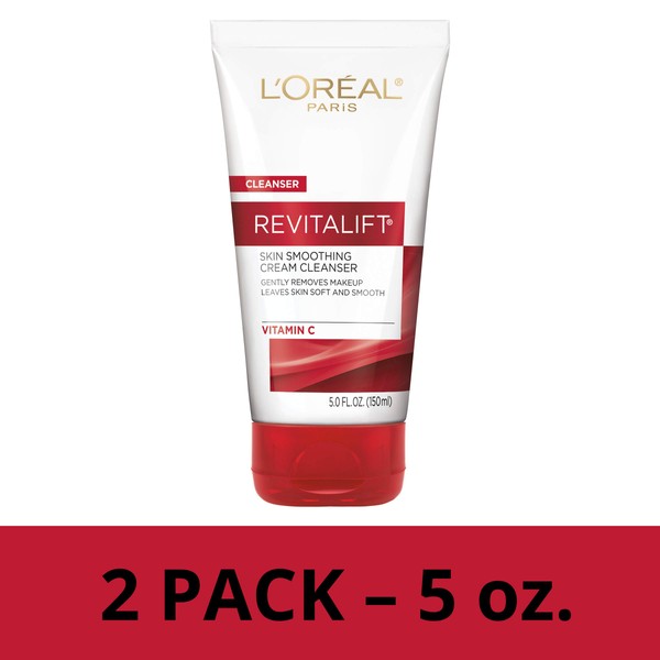 L'Oreal Paris Skincare Revitalift Radiant Smoothing Wet Facial Cream Cleanser with Vitamin C, Gentle Makeup Remover, Face Wash for All Skin Types, 2 count