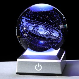 3.15" K9 Crystal 3D Solar System Ball with Sliver LED Colorful Lighting Touch Base, Engraving Solar System Star Planet Model Ornaments, Science Universe Astronomy Gifts for Astronomers