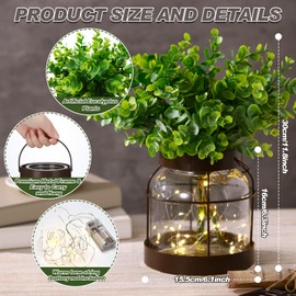Yiyiring 2 Set Vintage Glass Vase Rustic Farmhouse Lantern Decor with Artificial Plants Lights Decorative Clear Vase for Home Decor Floral Arrangement Dining Table Centerpieces(Eucalyptus Leaf)