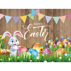 FuWeave 8x6ft Spring Easter Photography Backdrop Easter Backdrops Colorful Eggs Flower Rabbit Stand Photography Background Party Supplies for Baby Kids Newborn Portrait Photo Booth Props (Bunny)