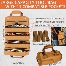 Tool Bag Roll Up, Heavy Duty Rolled Empty Tool Storage Organization, Portable Foldable Rollup Organizer with 2 Small Pouches, Rollable Carrying Toolbag, Dad Men Mechanic Birthday Gifts (Brown)