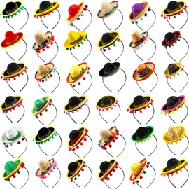 36 Pieces Mexican Fiesta Party Headband with Ball Fringe Cinco De Mayo Sombrero Headband Mini Mexican hat Headband Party Costume for Photo Props Party Favors Mexican Theme Decorations Luau