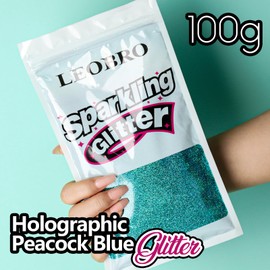 LEOBRO Blue Glitter, 100g / 3.5 oz Holographic Fine Glitter for Crafts, Resin, DIY Jewelry Keychains Flowers Party Decorations, Holographic Peacock Blue