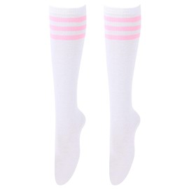 AWAVM Knee High Socks, Casual Thigh High Socks White Black Striped Boot Socks, 3 Striped Long Tube Stockings for Women Girls Daily Wear (UK, Alpha, One Size, Regular, Regular, Pink)