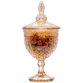 30 oz Glass Apothecary Candy Jar with Lid - Clear Elegant Retro Tall Decorative Buffet Jar for Wedding, Organizer Storage Canister, Candy Buffet, Small Home Decor (Amber)