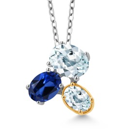 925 Silver and 10K Yellow Gold Sky Blue Aquamarine and Blue Created Sapphire Pendant Necklace For Women (2.70 Cttw, Oval 8X6MM, 7X5MM and 6X4MM, Gemstone March Birthstone, with 18 Inch Chain)