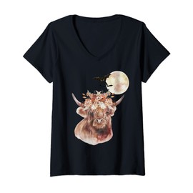 Womens Mystical Highland Cow Floral Wreath Full Moon Autumn Fall V-Neck T-Shirt