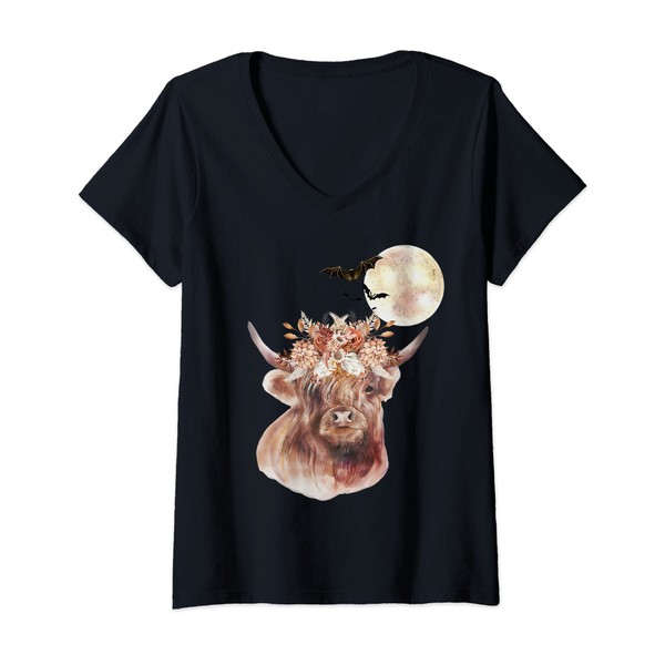 Womens Mystical Highland Cow Floral Wreath Full Moon Autumn Fall