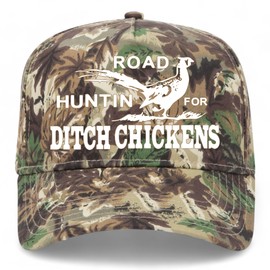 Road Huntin' for Ditch Chickens Vintage Trucker Hat | Hunting Fishing Camo | Premium Baseball Hat for Men & Women (US, Alpha, One Size, Woodland Camo)