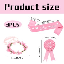 Promoted to Big Sister 3-Piece Accessory Set, Big Sister Gifts with Satin Sash, Badge Pin and Adjustable Flower Crown for Baby Shower Parties, Family Celebrations (Pink)