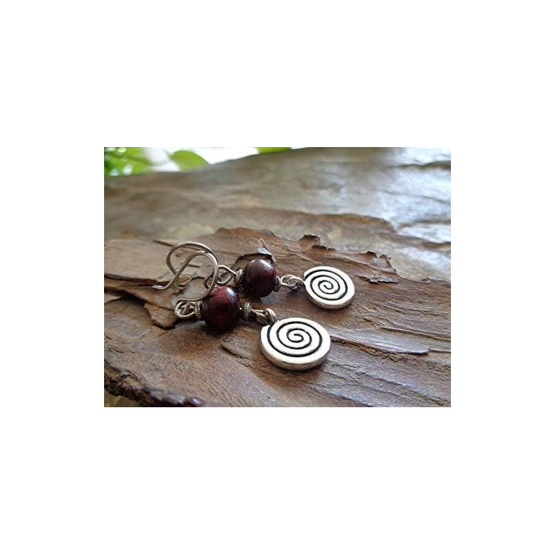 ⊹⊱ ✿★ DUNKELROTES HOLZ MIT ROBUSTER SPIRALE - OHRRINGE NATUR