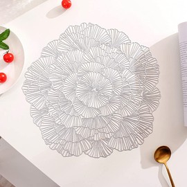 Hosoncovy 4 Pack Flower Placemats Set of 4 PVC Placemats Hollow Table Place Mats Heat Resistant Non-slip Dining Placemats Decorative Placemats for Home Kitchen Wedding Party (Silver)