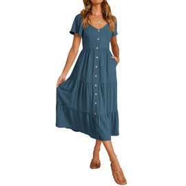 KIRUNDO Women 2025 Spring Summer Casual Short Sleeve Midi Dress Button V Neck Tiered Vacation Sundress with Pockets(Blue, X-Large)