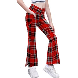 Zaclotre Girls' Flare Leggings with Split Hem Cross High Waist Yoga Bootcut Athletic Kid Bell Bottom Pants with Pockets Red Plaid