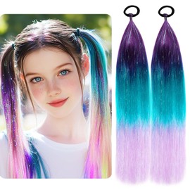Ponytail Hair Extensions Ombre Rainbow – 2 Pack, 40g Each, 18-inch Synthetic Gradient Purple Blue Pink for Girls & Women