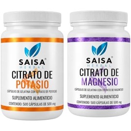 Saisa Herbal  Citrato de Magnesio  Citrato de Potasio  500 Cápsulas CU  Suplemento Alimenticio  Anticalambres, Energía, Recuperación Muscular y Salud