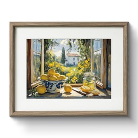 Rustic Sunlit Lemon Bowl Still Life Framed Wall Art, 11x14 Canvas Wall Decor with Plexiglass Cover, Farmhouse Bright Yellow Floral Window Painting, Countryside View Cottagecore Kitchen Decor