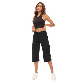 Moosehill Women's Cargo Capris Pants: Lightweight Hiking Travel Pants with 6 Pockets Water Resistant Summer Outdoor (Black,8)
