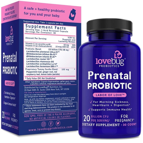 Lovebug Prenatal Probiotic | Helps with Morning Sickness, Nausea, Heartburn & Digestion | Helps Baby Microbiome | Multi Strain 20 Billion CFU | 30 Capsules