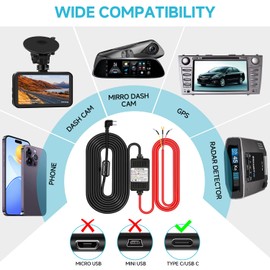 Dash Cam Hardwire Kit, Acc Hardwire Kit for Dash Camera Type C 3-Lead Hard Wire Kit 12V-24V to 5V USB-C Hardwire Kit w/Low Voltage Protection 13ft Charger Power Cord for GPS Radar Detectors and More