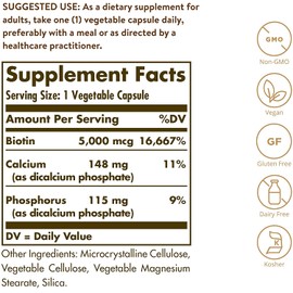 Solgar Biotin 5000 mcg - Supports Healthy Skin, Nails & Hair - Supports Energy Production & Metabolism - Vitamin B - Non-GMO, Vegan, Gluten Free - 180 Count