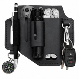 Funda multiherramienta de piel – Organizador de cinturón EDC de 2 bolsillos – Funda de piel genuino con ranura para cuchillo, llavero y soporte para bolígrafos, regalo de