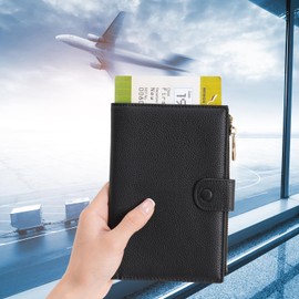 WASON Leather Passport Holder - Passport Holder with Zipper Pocket for ID, Boarding Pass, Ticket, Cash, SD Card and Travel Essentials for Men Women, black, Casual