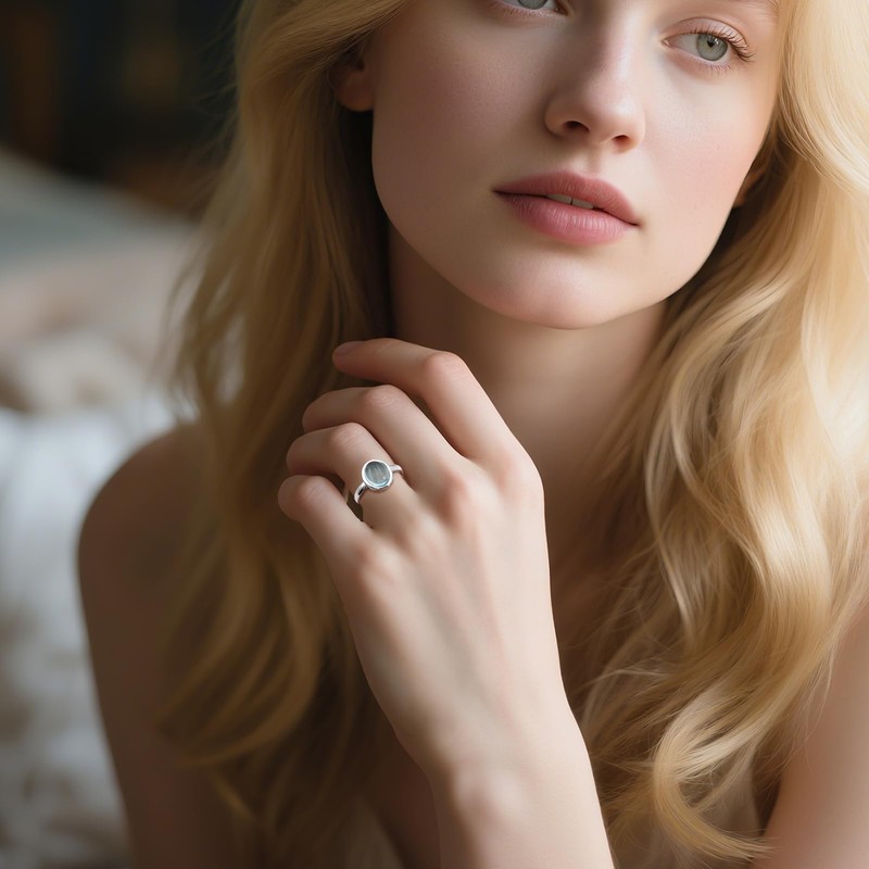 Weviway Silver Plated Aquamarine Ring with Oval Shape, Light Blue,