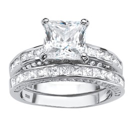 PalmBeach Yellow Gold-Plated or Platinum-Plated Sterling Silver Princess Cut Cubic Zirconia Bridal Ring Set Size 7