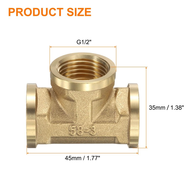 sourcing map 2pcs Brass Tee Pipe Fitting, G1/2" Female 3