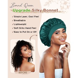 BONNET QUEEN Silk Bonnet for Sleeping Women Satin Bonnet Hair Wrap with Elastic Wide Band Sleep Cap for Curly Hair Anti Frizz Night Cap, Green