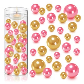 Euddty 105pcs Gold Pink Float Pearls for Vase Filler - No Hole Faux Beads for Water Candles, Centerpieces, Home Table Decor, Christmas - 10/14/20mm