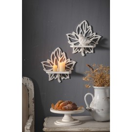 SOFE Leaf Shape Candle Wall Sconces Set of Two, White Wall Mounted Candle Holder, Rustic Wood Wall Shelves, Decorative Candle Shelf for Pillar Candles, Jars, Mini Planters, Living Room, Kitchen