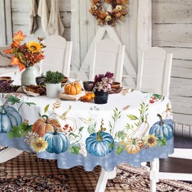 Autumn Oval Tablecloth Thanksgiving Autumn Harvest Blue Pumpkin Sunflower Maple Leaf Tablecloth Polyester Waterproof Wrinkle Resistant Durable Home Decor 54x72 Inch