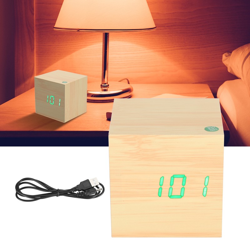 Wooden LED Clock Digital Voice Control Desk Rectangular Ornaments Wood
