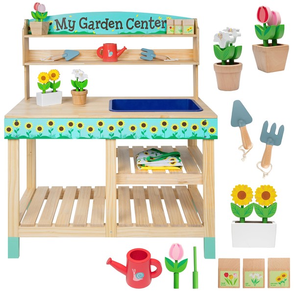 Wooden Toy Gardening Center Indoor Playset - 22 Pc Garden Stand Set w Flowers Seed Packets Pots Shovel Rake Apron Watering Pot - Great Interactive & Fun Pretend Playtime, Kids Gift for Boys or Girls