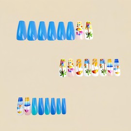 Mkwntg 24Pcs Summer Press on Nails Medium Square Coffin Fake Nails with Coconut Tree Umbrella Design Colorful Little Shell Flower Full Cover False Nails Beach Ombre French Tip Stick on Nails for Women