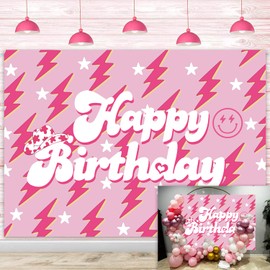 Preppy Backdrop Banner for Happy Birthday 7x5FT Lightning Bolt Hot Pink Birthday Photography Background for Girls Women Large Preppy Birthday Sign Y2k Party Decorations Supplies (2.1 x 1.5m)
