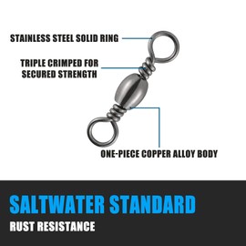 Dr.Fish - Paquete de 50 aparejos giratorios de pesca de acero inoxidable y cobre, anillo sólido de agua salada, conector giratorio de pesca de níquel negro, grúa rodante, 150 libras