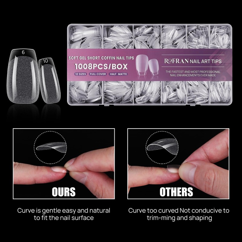 JUSTOTRY 1008 Pieces Gel Coffin Nail Tips, Short, Pre-Shaped, Half