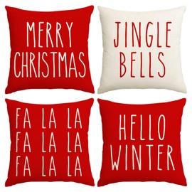 Grtfcolr Christmas Saying Throw Pillow Cover, 18 x 18 Inch Merry Christmas Jingle Bells Hello Winter FA La La Holiday Cushion Couch Living Room Bed Outdoor Accent Pillows Set of 4