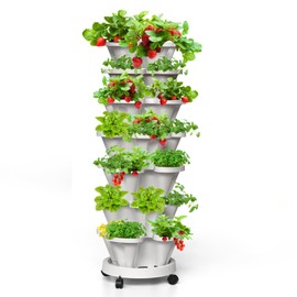Tectsia Strawberry Vertical Planter Tower Garden, 7 Tiered Stackable Planter Herb Garden Planter with Movable Casters and Bottom Saucer Indoor and Outdoor - White