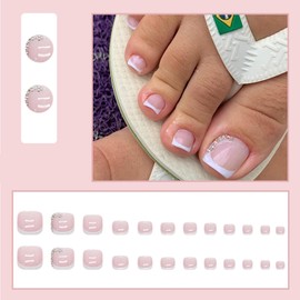 French False Toe Nails - 24 Pcs Toe Fake Nails - White Toe Nails Press On With Diamond - Full Cover Glossy French Tip ToeNails - Stick On Toenails For Women Nail Decoration