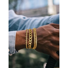 Richsteel Stainless Steel 3 Piece Bracelets Chain for Men Bracelet Women Silver/Gold/Black Cuban Rope Link Chain Set 9 mm and 8 mm Wide Cuban Link Chain & 3 mm Wide Rope, 23 cm, Stainless Steel