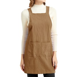 ELEZAY Aprons for Women with Pockets Plus Size Comfort Cross Back No Tie Cotton Linen Apron Pinafore for Cooking Painting Floral Arrangement Gardening Cleaning Small, Brown