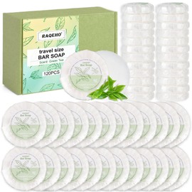 RAQEHO 120 Mini Bar Soap Bulk - Travel Soap Individually Wrapped Body Bath Gentle Soap Bars Men Women Travel Size Toiletries for Homeless Hotel Essentials for Guest Bathroom Airbnb（Green Tea）